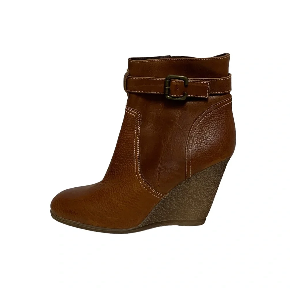 Italian Nara Shoes Leather Wedge Winter‎ Break Casual Chic Bootie Cognac Brown